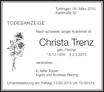 Anzeige von Christa Trenz von Schwäbische Zeitung