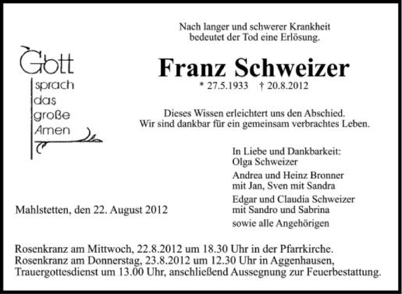  Traueranzeige für Franz Schweizer vom 22.08.2012 aus Schwäbische Zeitung