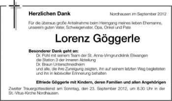 Anzeige von Lorenz Göggerle von Schwäbische Zeitung
