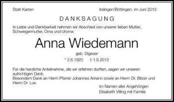 Anzeige von Anna Wiedemann von Schwäbische Zeitung