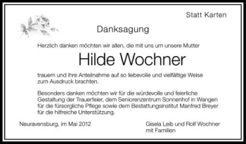 Anzeige von Hilde Wochner von Schwäbische Zeitung