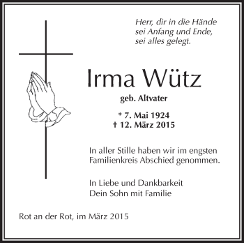 Anzeige von Irma Wütz von Schwäbische Zeitung