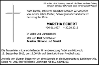 Anzeige von Martha Eckert von Schwäbische Zeitung