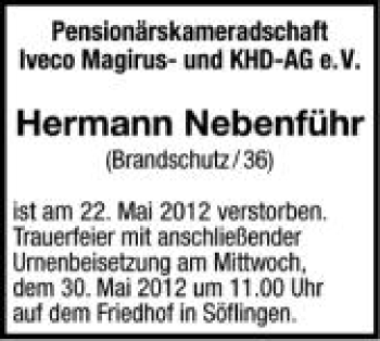 Anzeige von Hermann Nebenführ von Schwäbische Zeitung