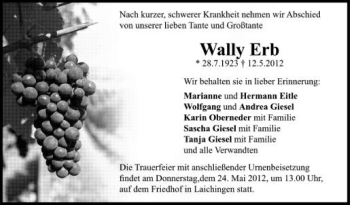 Anzeige von Wally Erb von Schwäbische Zeitung