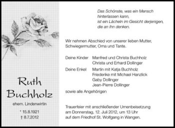Anzeige von Ruth Buchholz von Schwäbische Zeitung