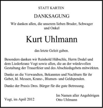 Anzeige von Kurt Uhlmann von Schwäbische Zeitung