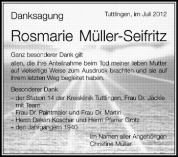 Anzeige von Rosemarie Müller-Seifritz von Schwäbische Zeitung