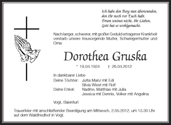 Anzeige von Dorothea Gruska von Schwäbische Zeitung
