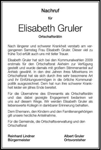 Anzeige von Elisabeth Gruler von Schwäbische Zeitung