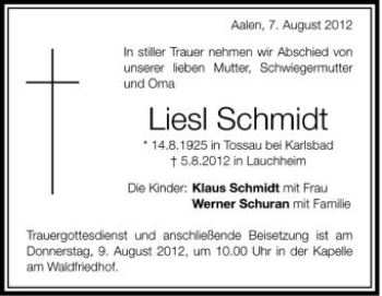 Anzeige von Liesl Schmidt von Schwäbische Zeitung