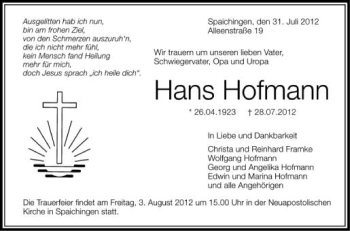 Anzeige von Hans Hofmann von Schwäbische Zeitung