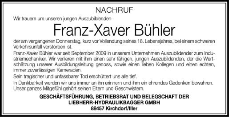 Traueranzeige für Franz-Xaver Bühler vom 23.05.2012 aus Schwäbische Zeitung