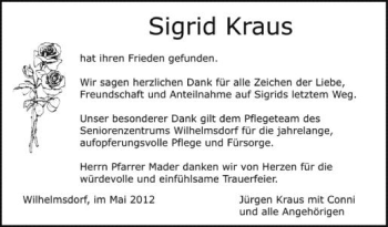 Anzeige von Sigrid Kraus von Schwäbische Zeitung