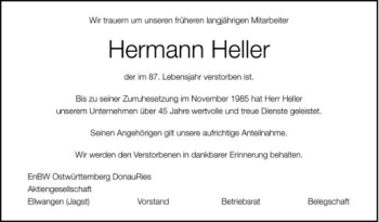 Anzeige von Hermann Heller von Schwäbische Zeitung