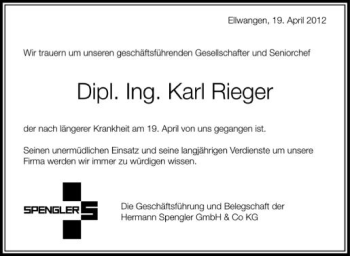 Anzeige von Karl Rieger von Schwäbische Zeitung