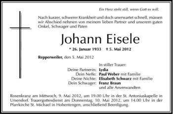 Anzeige von Johann Eisele von Schwäbische Zeitung