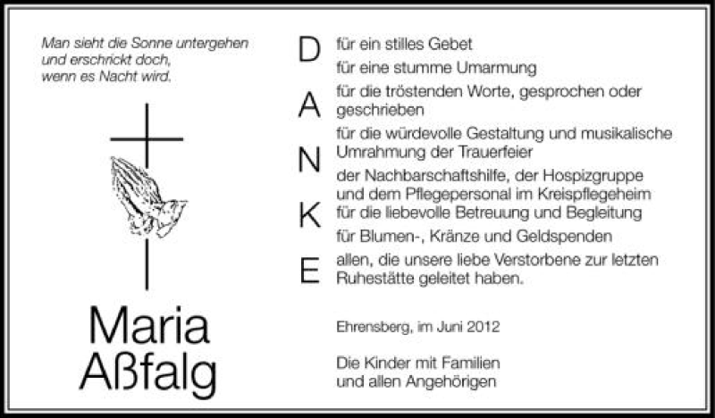 Traueranzeige für Maria Aßfalg vom 02.06.2012 aus Schwäbische Zeitung