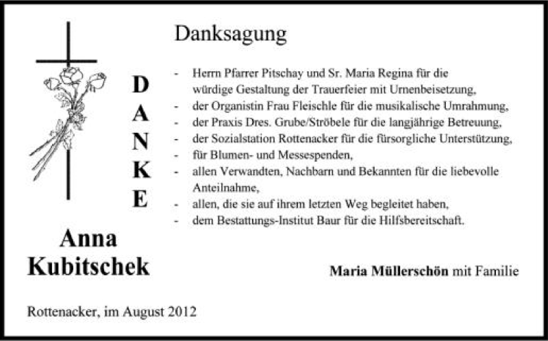  Traueranzeige für Anna Kubitschek vom 15.08.2012 aus Schwäbische Zeitung