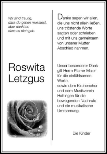 Anzeige von Roswita Letzgus von Schwäbische Zeitung