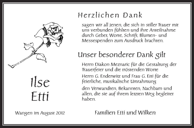  Traueranzeige für Ilse Etti vom 15.08.2012 aus Schwäbische Zeitung
