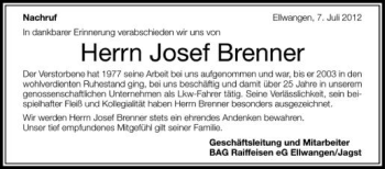 Anzeige von Josef Brenner von Schwäbische Zeitung