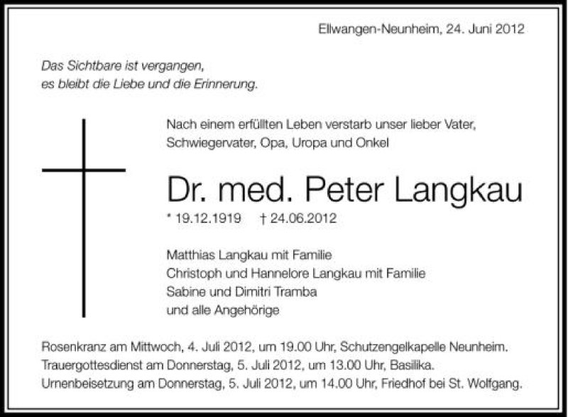  Traueranzeige für Peter Langkau vom 03.07.2012 aus Schwäbische Zeitung