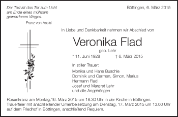 Anzeige von Veronika Flad von Schwäbische Zeitung
