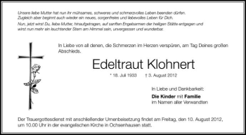 Anzeige von Edeltraut Klohnert von Schwäbische Zeitung