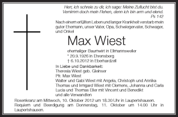 Anzeige von Max Wiest von Schwäbische Zeitung