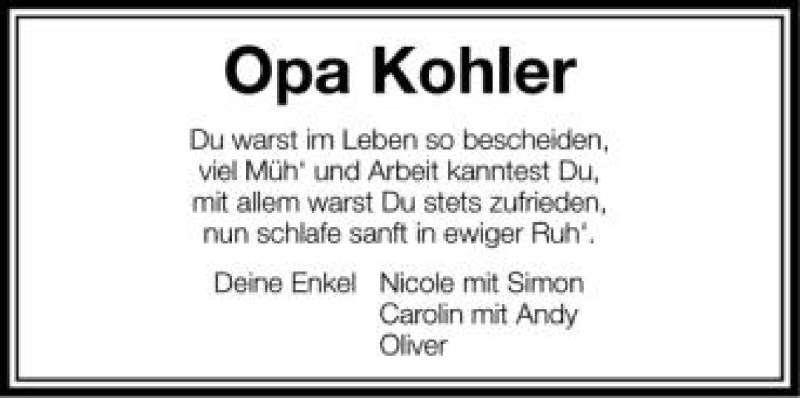  Traueranzeige für Herr Kohler vom 23.05.2012 aus Schwäbische Zeitung