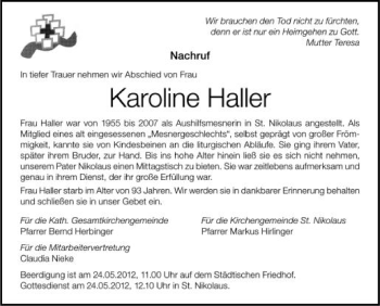 Anzeige von Karonline Haller von Schwäbische Zeitung
