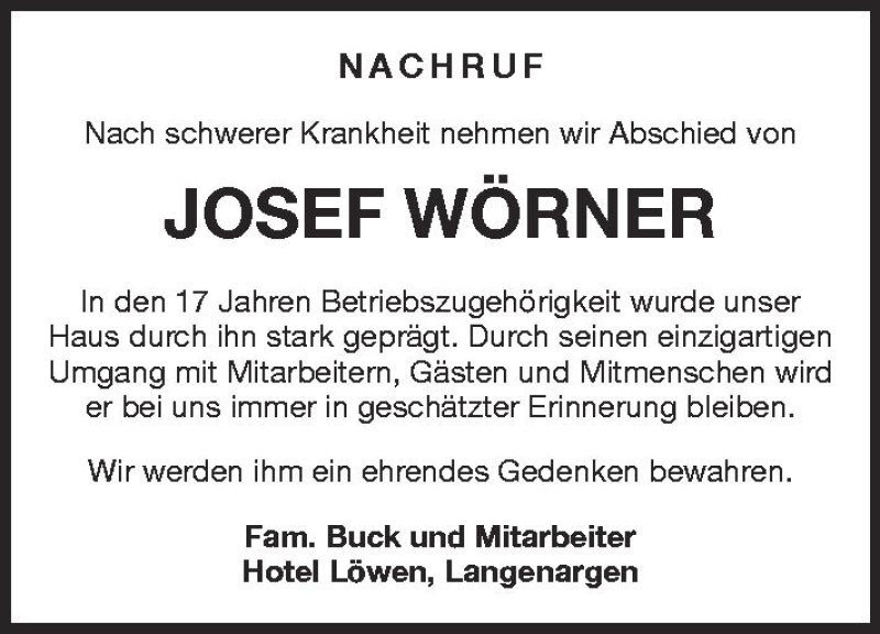  Traueranzeige für Josef Wörner vom 31.08.2012 aus Schwäbische Zeitung