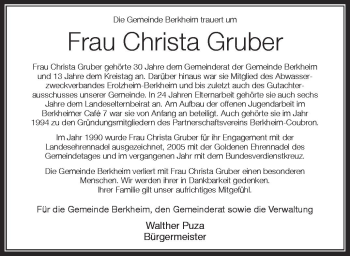 Anzeige von Christa Gruber von Schwäbische Zeitung
