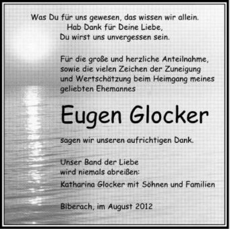  Traueranzeige für Eugen Glocker vom 03.08.2012 aus Schwäbische Zeitung