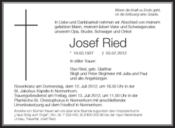 Anzeige von Josef Ried von Schwäbische Zeitung