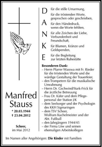 Anzeige von Manfred Stauss von Schwäbische Zeitung
