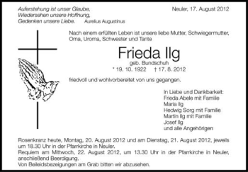 Anzeige von Frieda Ilg von Schwäbische Zeitung