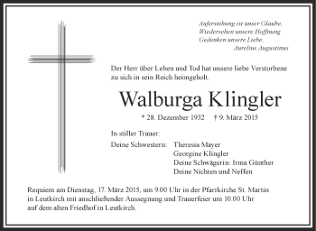 Anzeige von Walburga Klingler von Schwäbische Zeitung