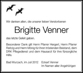 Anzeige von Brigitte Venner von Schwäbische Zeitung