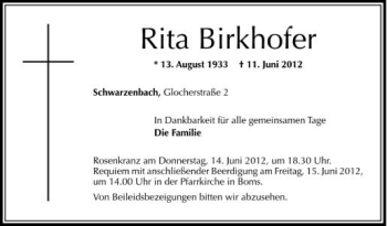 Anzeige von Rita Birkhofer von Schwäbische Zeitung
