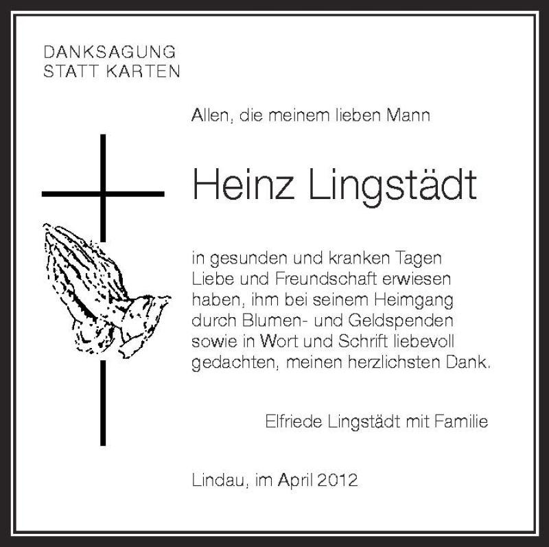  Traueranzeige für Heinz Lingstädt vom 19.04.2012 aus Schwäbische Zeitung