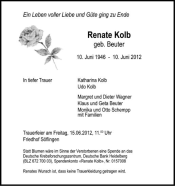 Anzeige von Renate Kolb von Schwäbische Zeitung