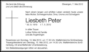 Anzeige von Liesbeth Peter von Schwäbische Zeitung