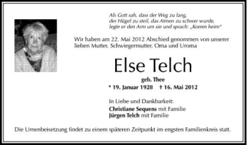 Anzeige von Else Telch von Schwäbische Zeitung