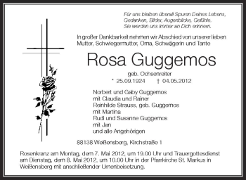 Anzeige von Rosa Guggemos von Schwäbische Zeitung