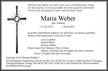 Anzeige von Maria Weber von Schwäbische Zeitung