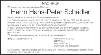 Anzeige von Hans-Peter Schädler von Schwäbische Zeitung