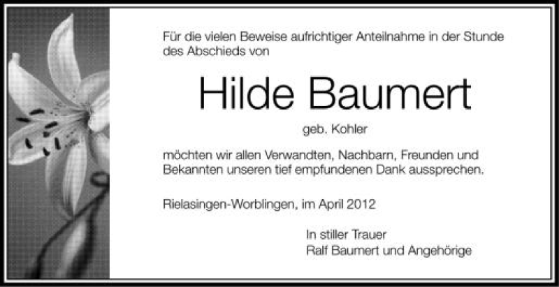  Traueranzeige für Hilde Baumert vom 25.04.2012 aus Schwäbische Zeitung