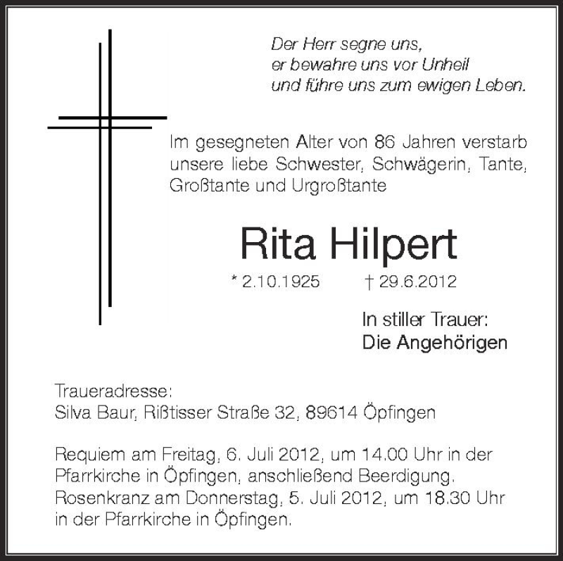  Traueranzeige für Rita Hilpert vom 04.07.2012 aus Schwäbische Zeitung